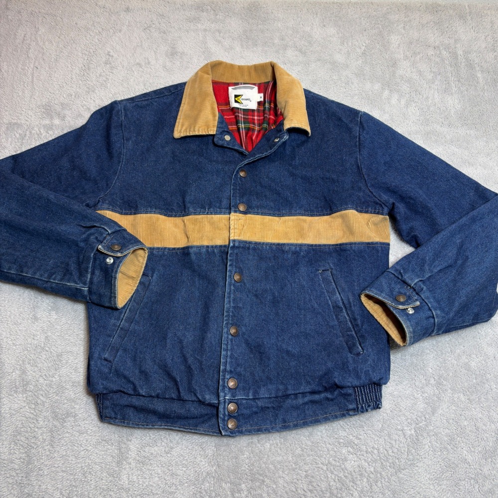 K-Brand Denim Jacket Men's Size M Blue Tan Corduroy Trim Plaid Lined USA Vintage